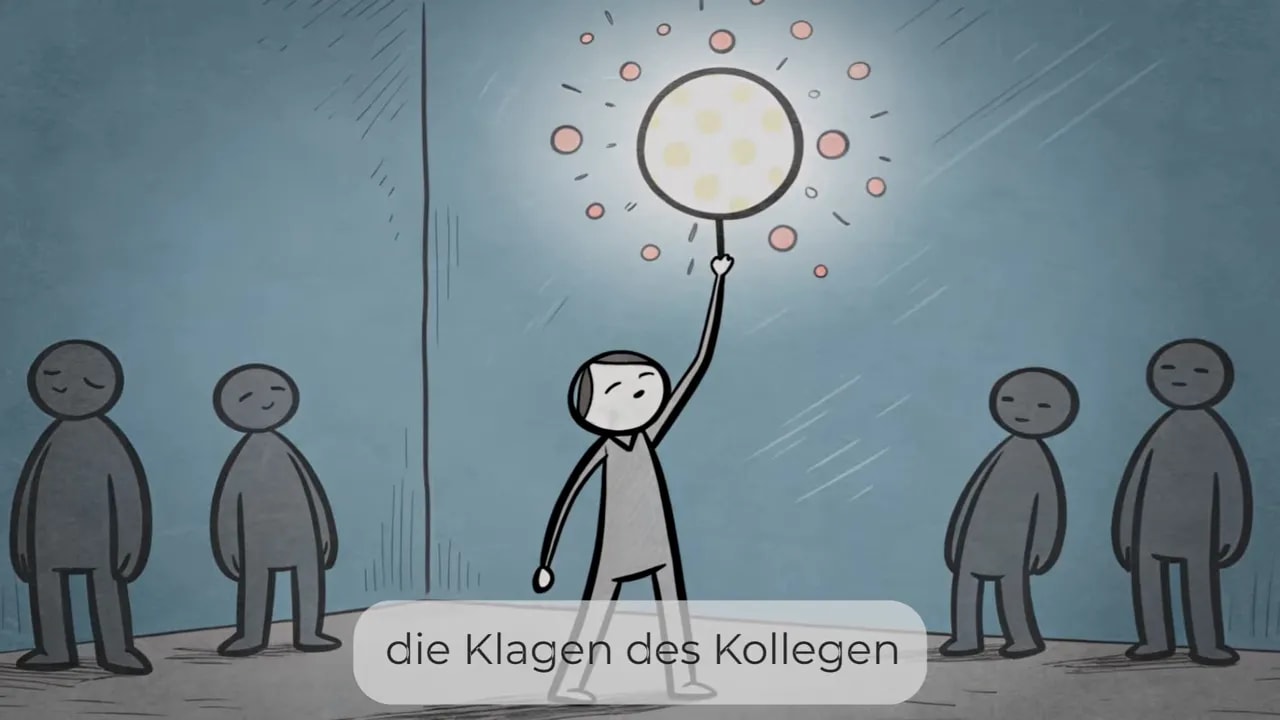 Illustration einer Person, die einen großen Suchschein/Vergrößerungskreis nach oben hält, während mehrere Kolleginnen und Kollegen im Hintergrund stehen