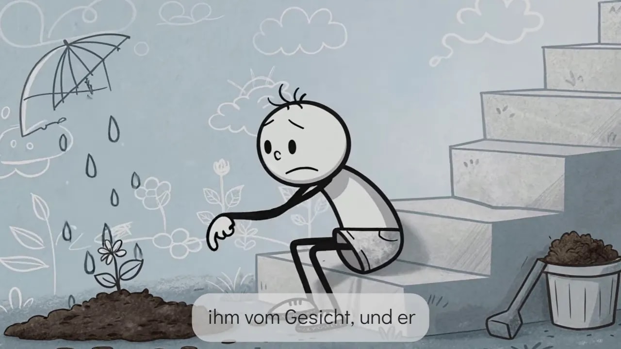 Illustration: Felix sitzt im Regen erschöpft auf dem Boden neben einem Gartenbeet, während es unaufhörlich regnet