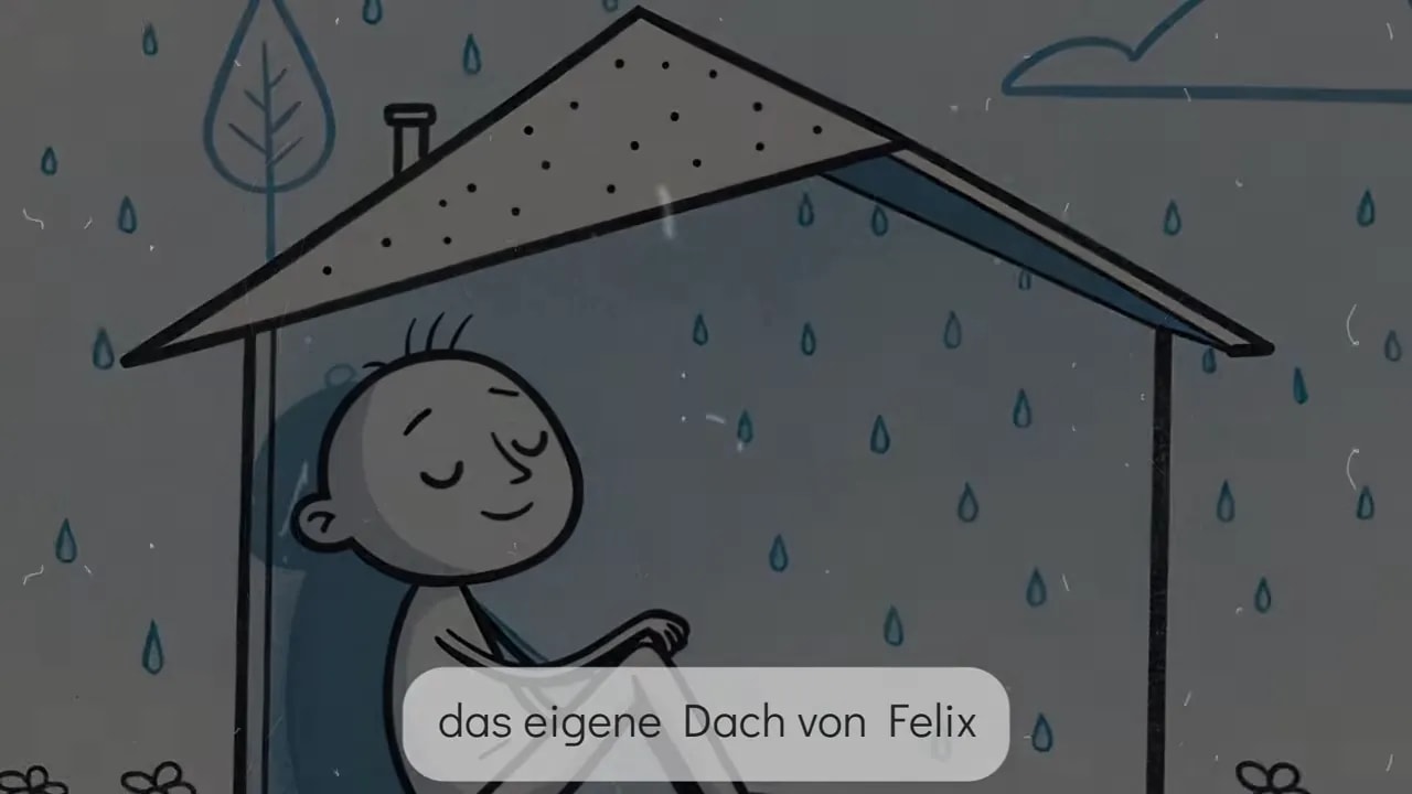 Illustration: Felix unter dem Dach bei starkem Regen, Fokus auf das eigene Dach