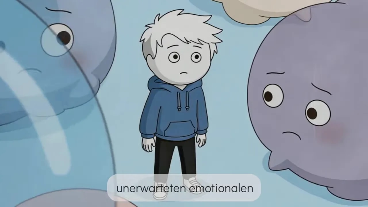 Illustration einer Person im Hoodie vor großen emotionalen Figuren mit Distanz-Ansatz