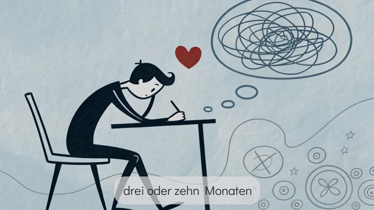 Illustration einer Person mit Herz-Symbol und einer großen Gedankenwirbel-Wolke, die Unruhe im Kopf visualisiert