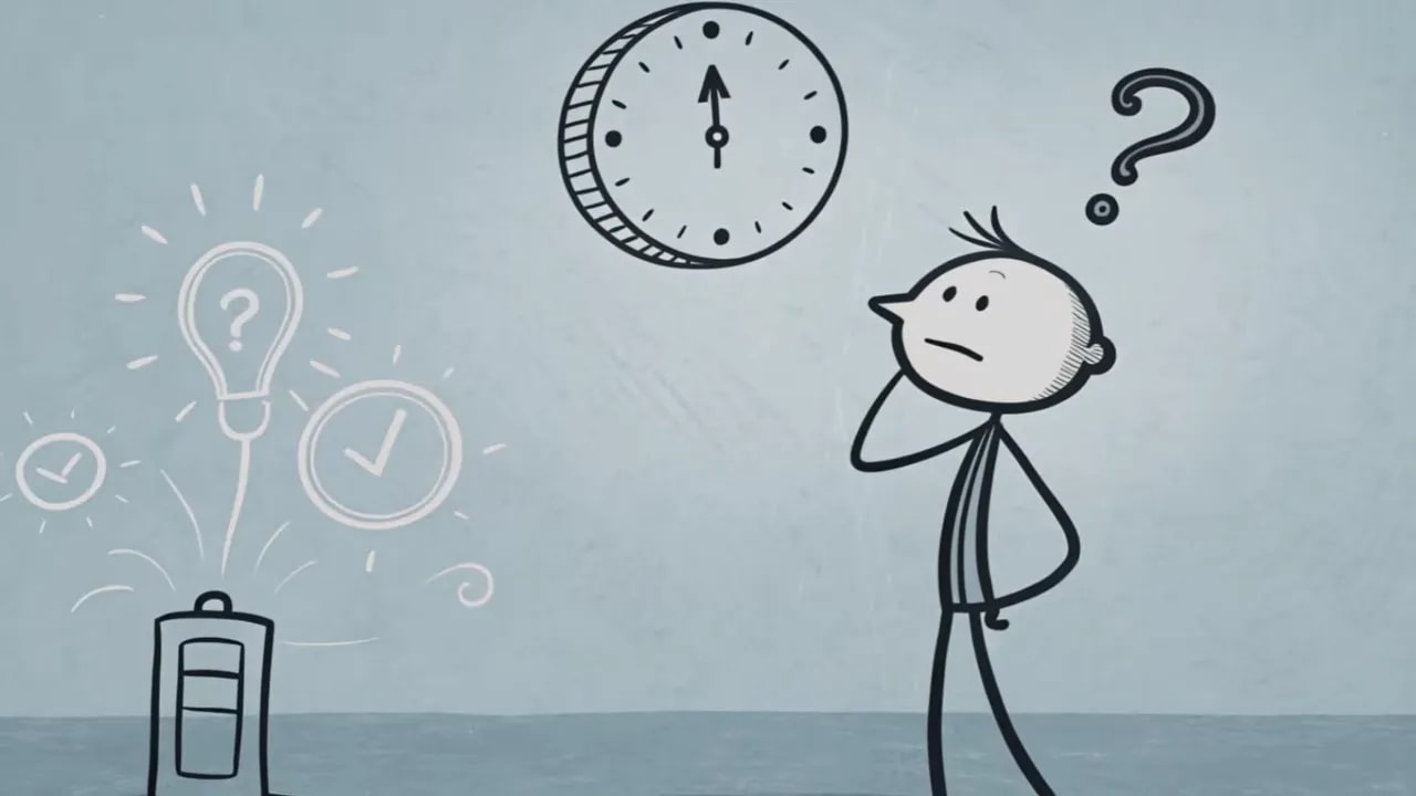 Illustration: Felix denkt beim nächsten Gefallen nach, mit Uhr, Fragezeichen und Häkchen als Symbol für das Abwägen