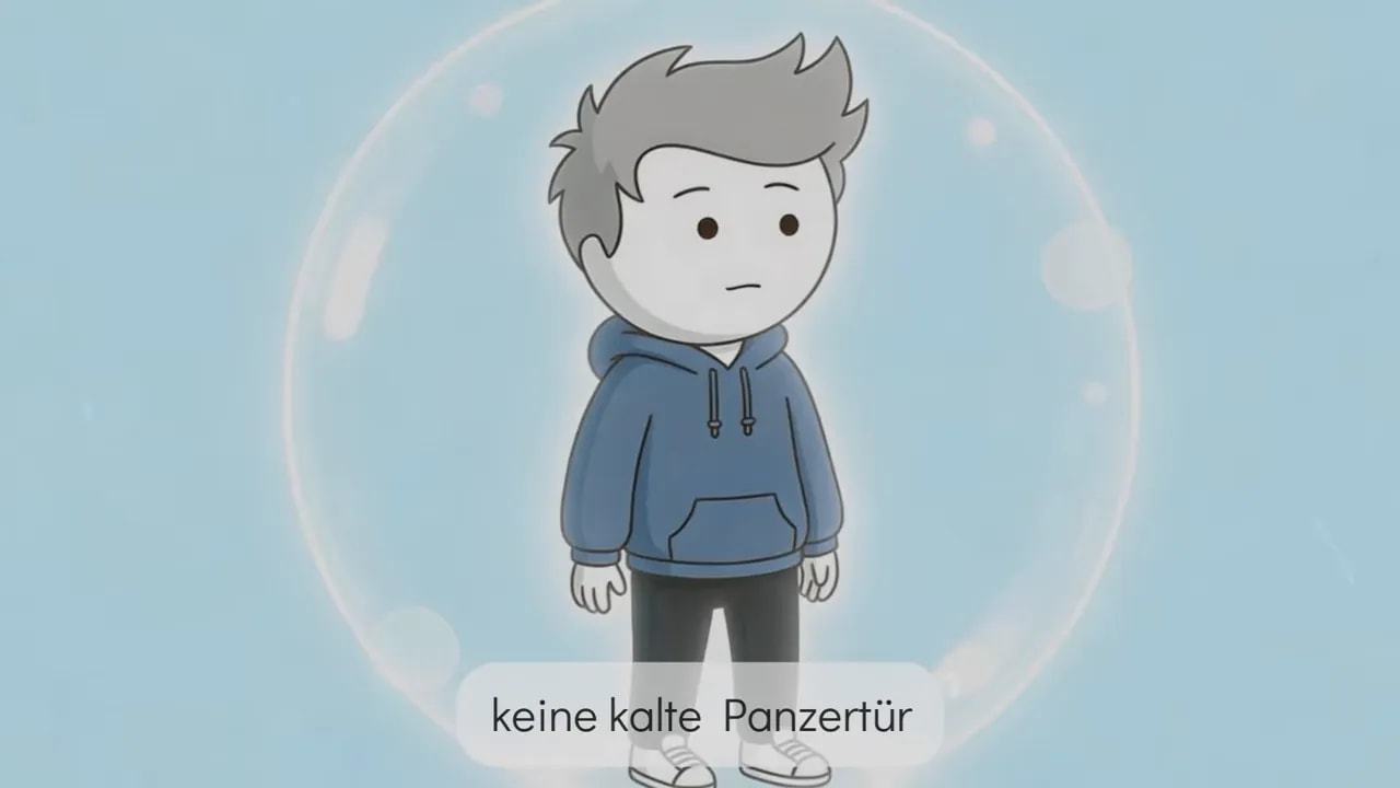 Illustration eines Jungen im Kreis mit Text „keine kalte Panzertür“
