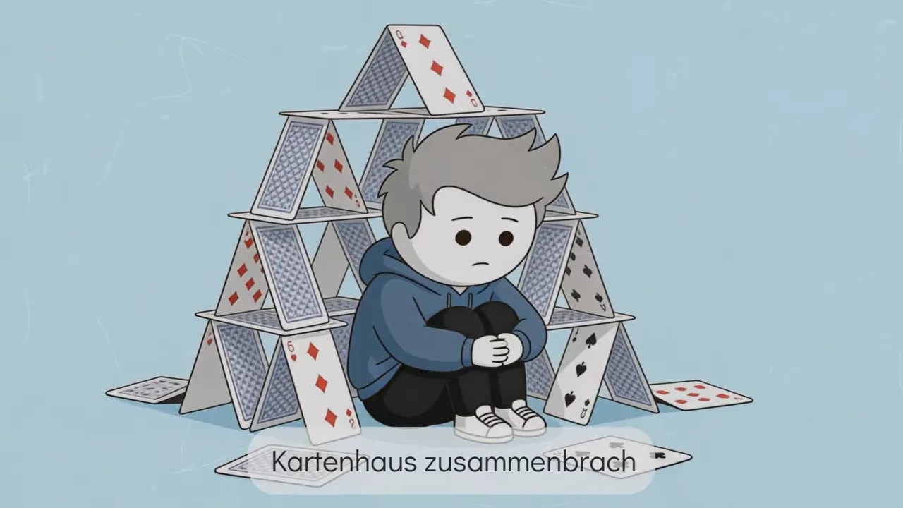 Illustration: Junge sitzt erschöpft vor einem Kartenhaus-Arrangement, mit Text „Kartenhaus zusammenbrach“