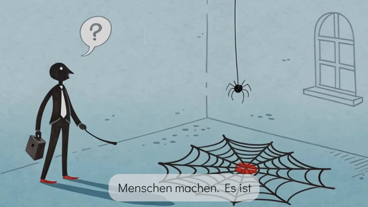 Illustration: Person vor Spinnennetz mit rotem Einschlagpunkt und Spinne im Raum