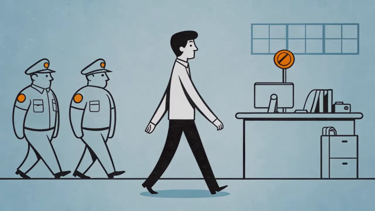 Illustration: Sicherheits- und Autoritätspersonen im Büro, während eine Figur an einer Schreibtischumgebung vorbeigeht