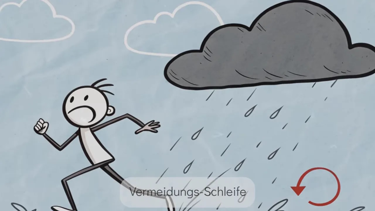 Illustration der Vermeidungs-Schleife mit Person, Regen und einer roten Rückkopplungsmarkierung