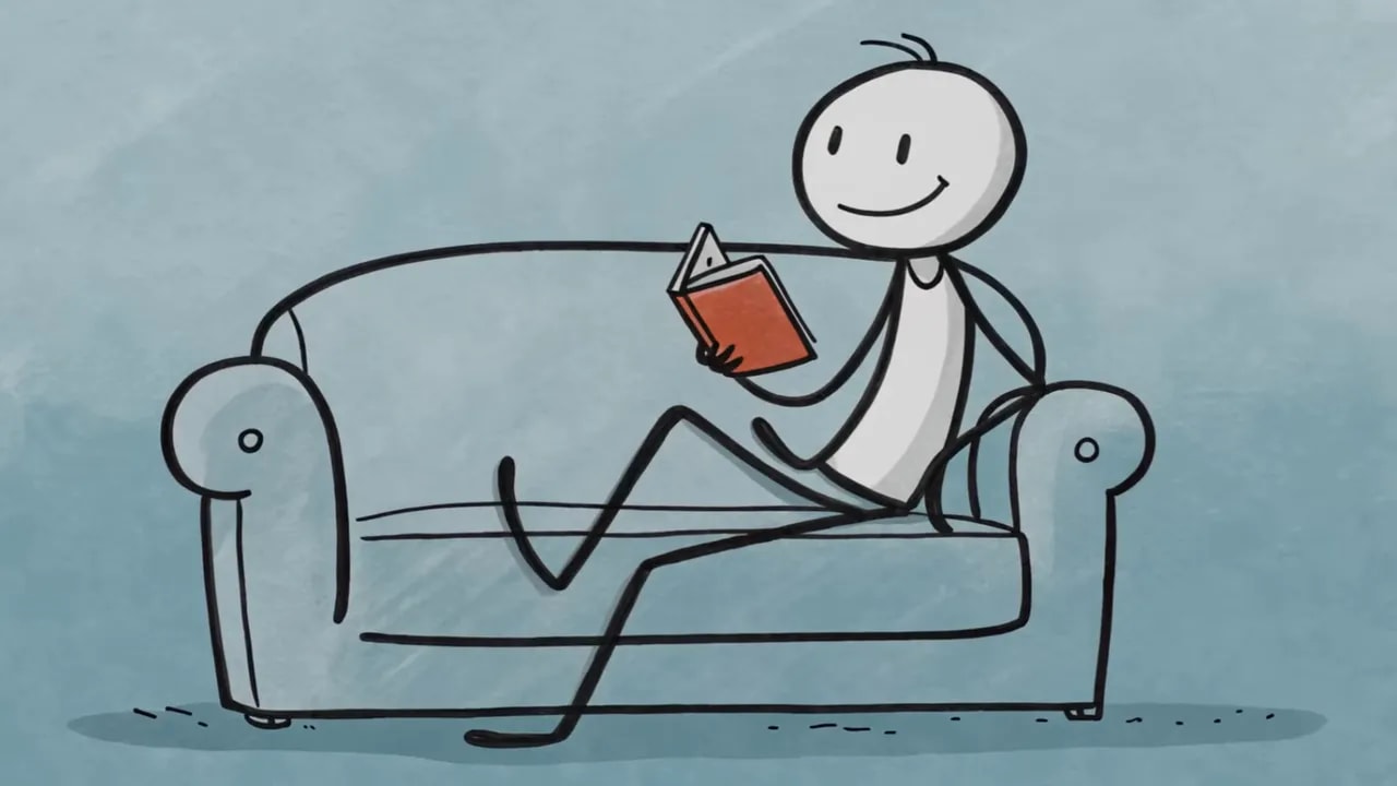 Illustration einer Person, die entspannt auf dem Sofa sitzt und ein Buch liest