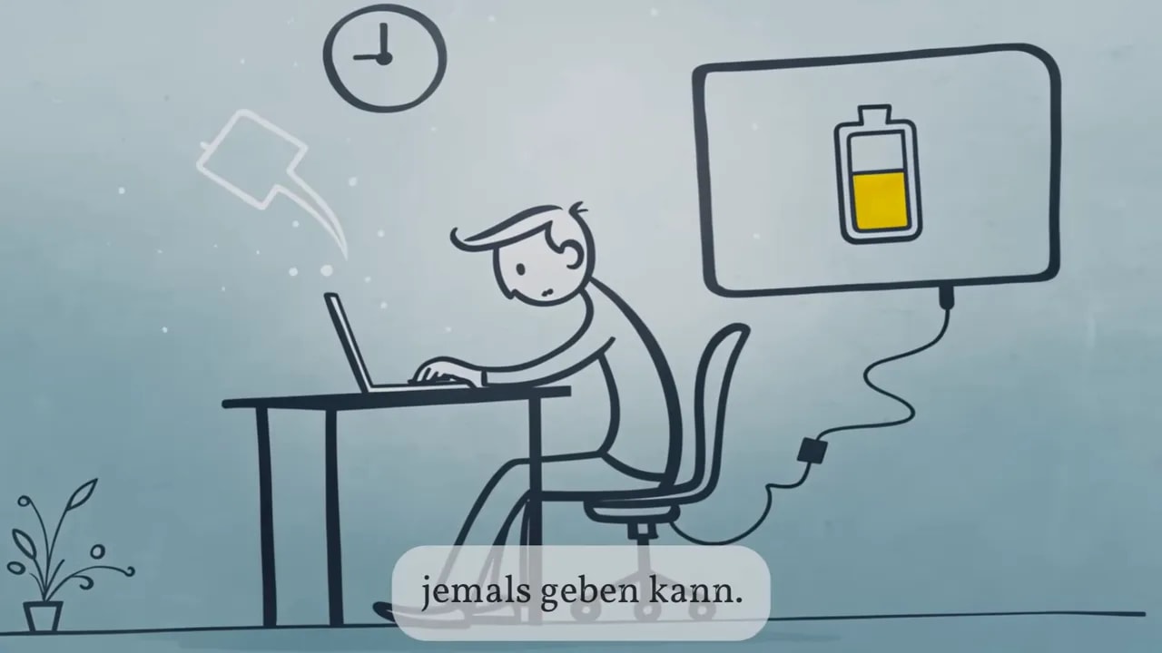 Illustration: Person sitzt am Laptop und schaut erschöpft auf einen Monitor mit gelber Flasche als Symbol