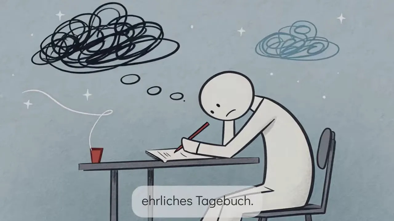 Illustration einer Person, die ein Tagebuch schreibt, während Gedankenwolken im Kopf sichtbar werden