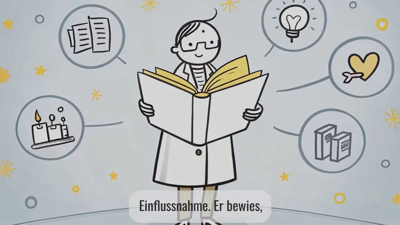 Illustration einer Person beim Lesen mit dem Untertitel „Einflussnahme. Er beweist,“ als Symbol für Überzeugungsstrategien