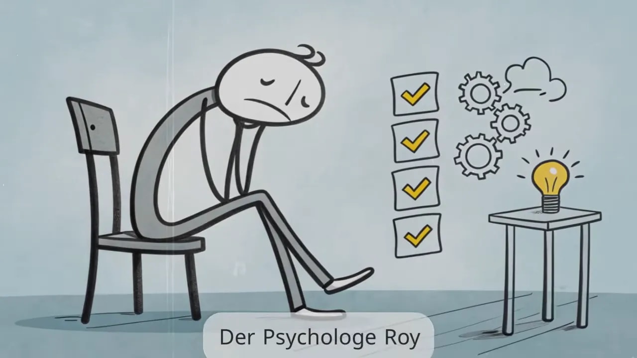 Illustration: Person wirkt überfordert mit Zahnrädern, Häkchen und Glühbirne, die geistige Überforderung und Entscheidungslast symbolisiert