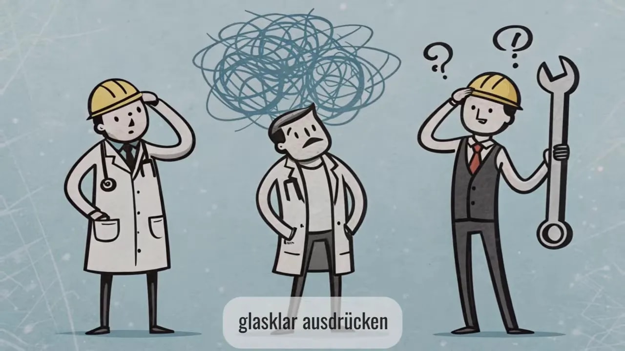 Illustration von drei Personen mit chaotischen Gedanken, die für den Schritt vom inneren Denken zum ausdrückbaren Ausdruck stehen