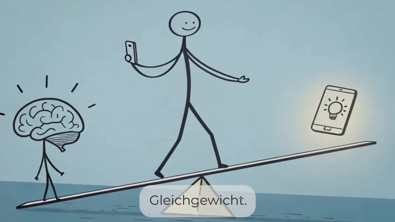 Illustration: Gehirn und Person auf einer Waage mit Smartphone/Glühbirne als Symbole; Text „Gleichgewicht“