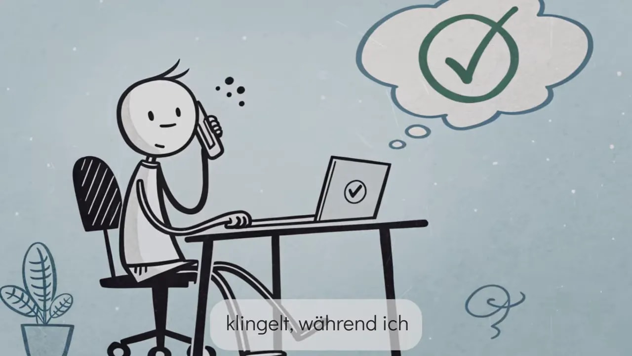 Illustration einer Person am Tisch mit Handy als Ablenkung, Gedankenblase mit grünem Haken und Text „klingelt, während ich …“