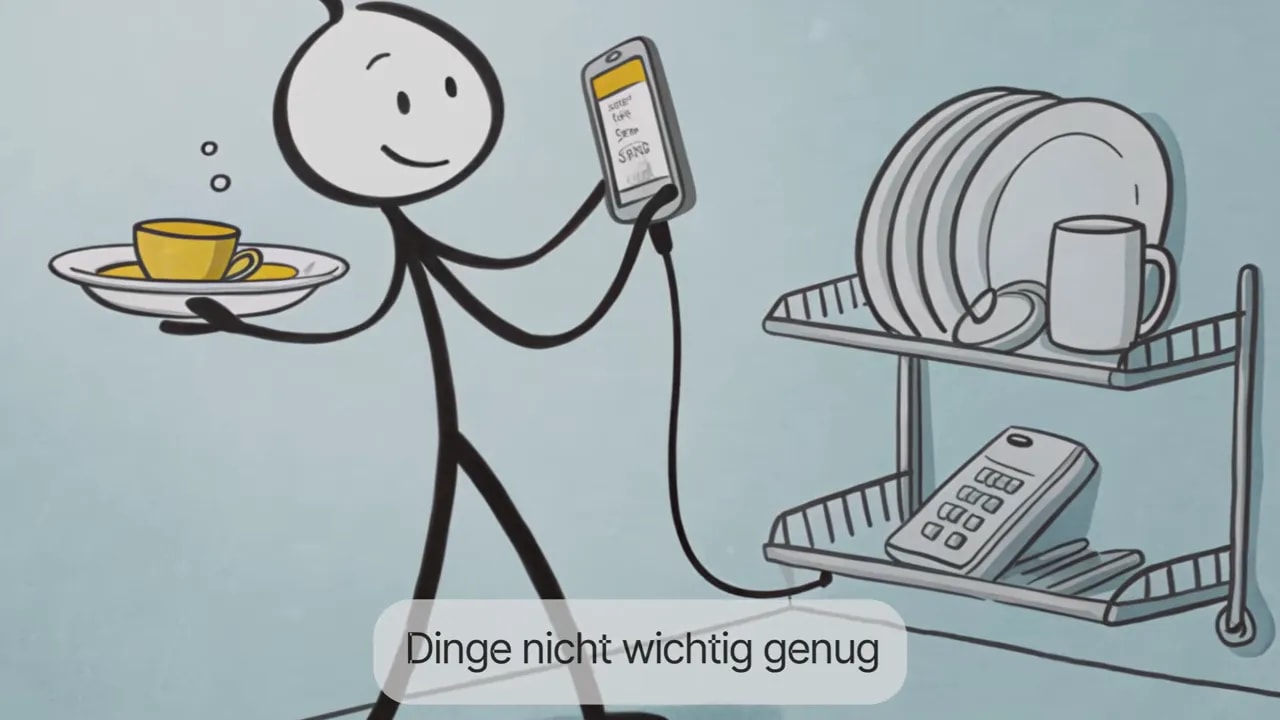 Illustration einer Person, die in einer Pause mit dem Smartphone abgelenkt ist, während der Fokus zerfasert
