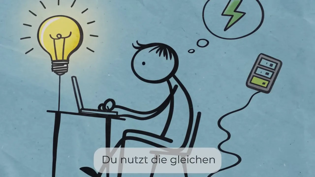 Illustration: Person mit Glühbirne und Blitzgedanken; nebenbei schwebendes Ablenkungs-Element; Text „Du nutzt die gleichen“