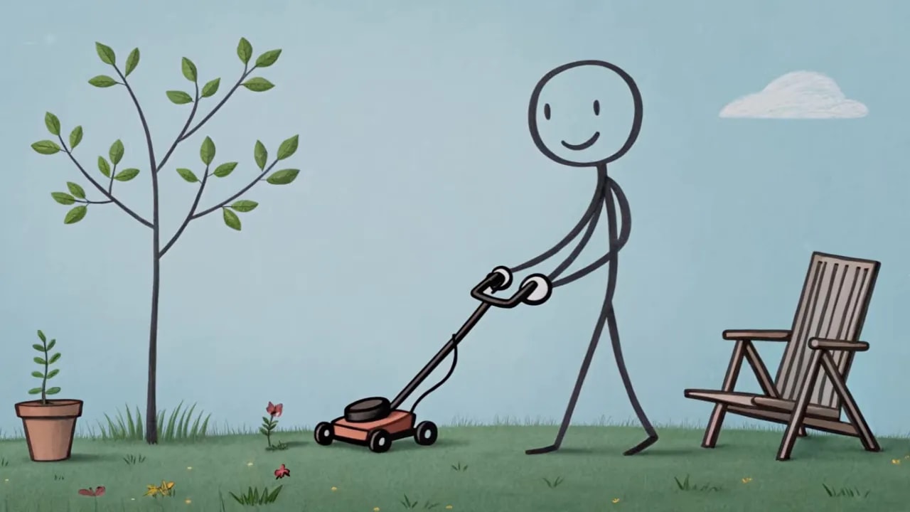 Illustration einer Person beim Rasenmähen, die eine Bank und einen Garten als Ablenkungen zurücklässt