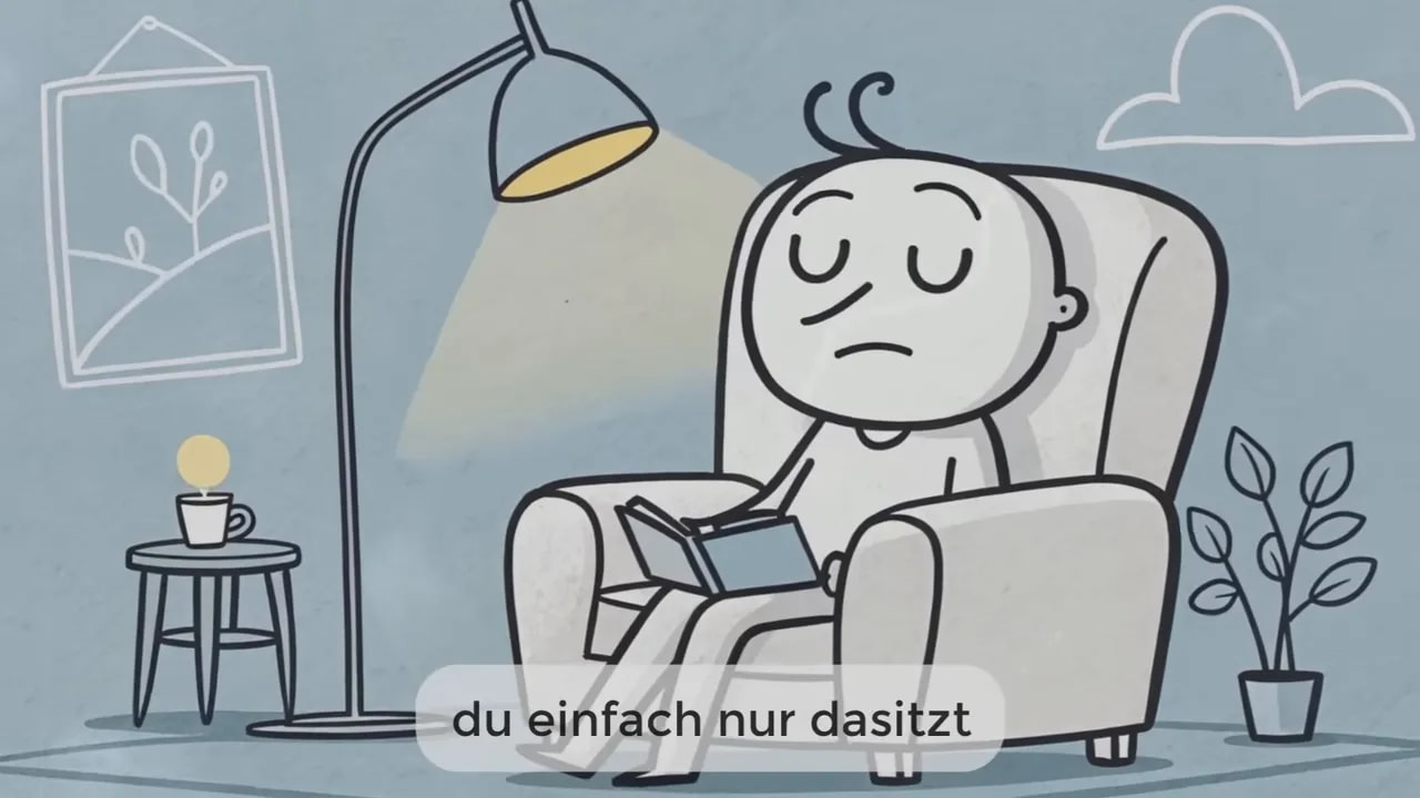 Illustration einer Person im Sessel, die ein Buch liest, und Text-Einblendung „du einfach nur dasitzt“