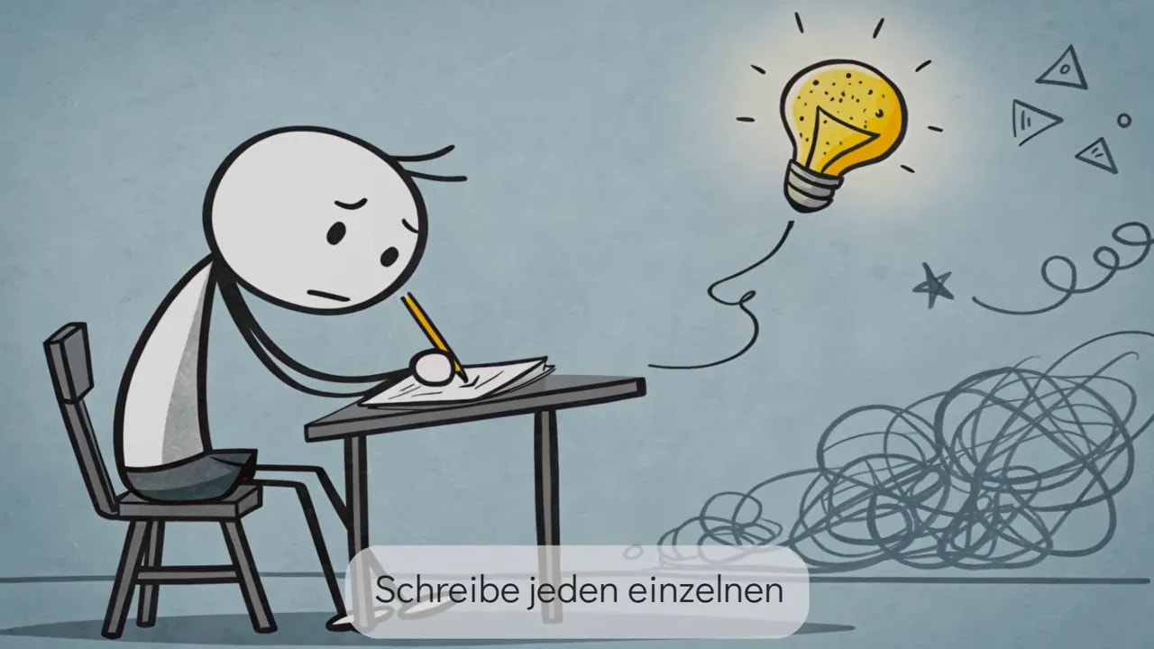 Illustration einer Person beim Schreiben mit kreativer Idee über dem Kopf