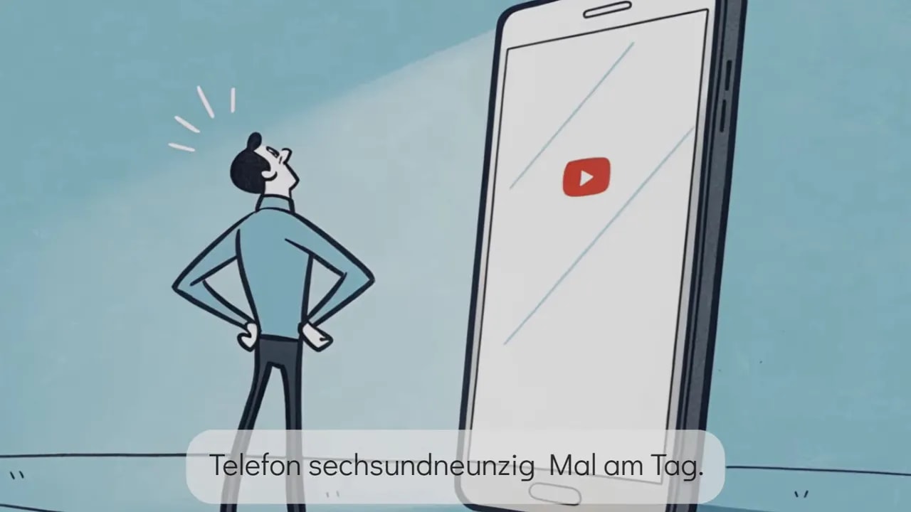 Illustration mit Handy-Ablenkung und Text „Telefon sechsundneunzig Mal am Tag“