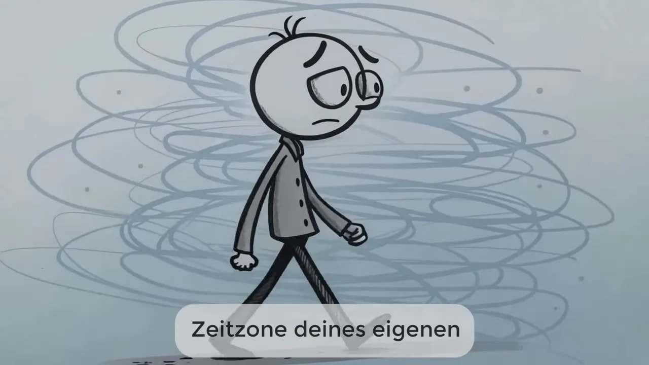 Illustration einer übermüdeten Person, die durch dichten Nebel geht, mit Text „Zeitzone deines eigenen“