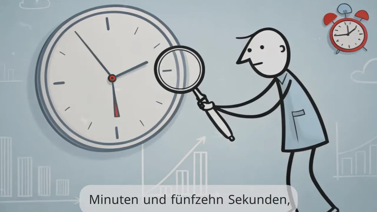 Illustration einer Person, die mit Lupe eine Uhr betrachtet, mit eingeblendeter Zeitangabe für Kontextwechsel-Kosten