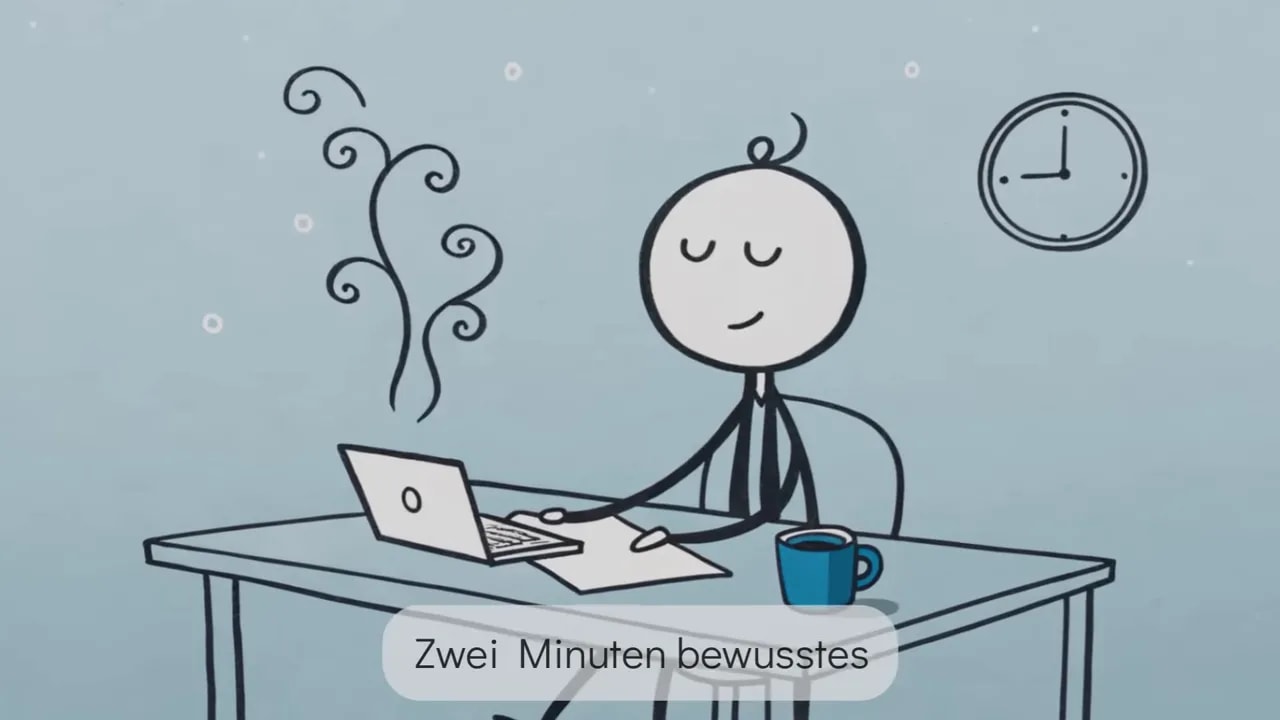Person sitzt am Schreibtisch mit geschlossenen Augen, Laptop und Tasse auf dem Tisch, Uhr an der Wand
