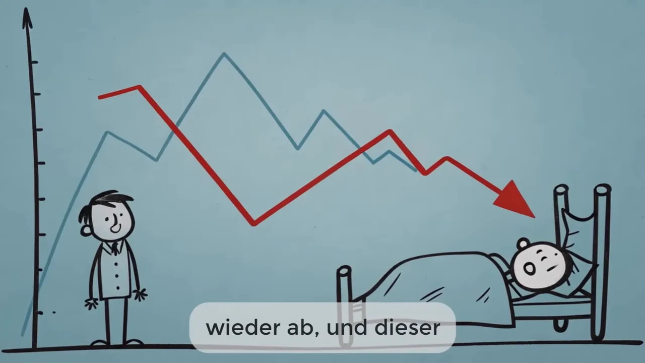 Diagramm mit fallender roter Linie über einem Bett und einer stehenden Person links