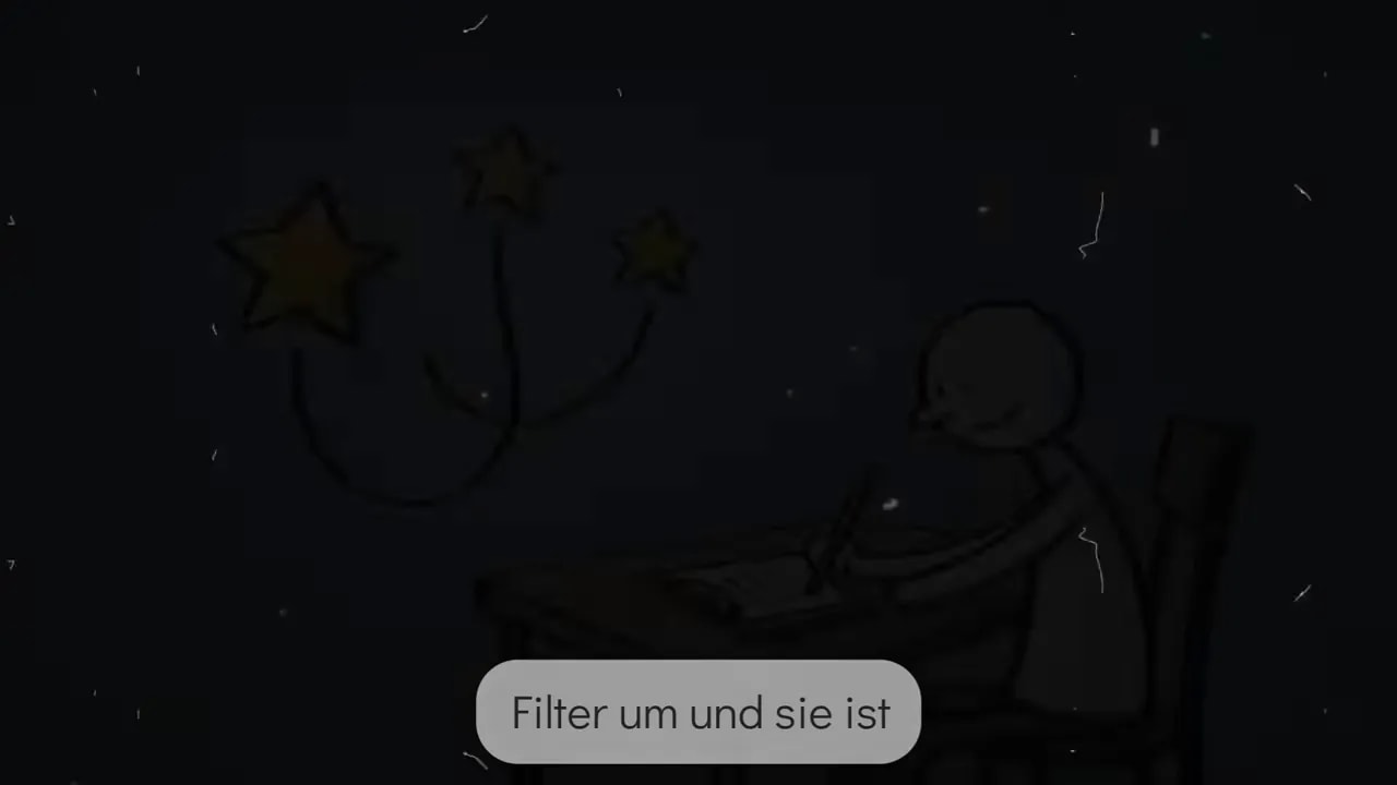 Person sitzt am Tisch und schreibt, über ihr schweben drei gelbe Sterne