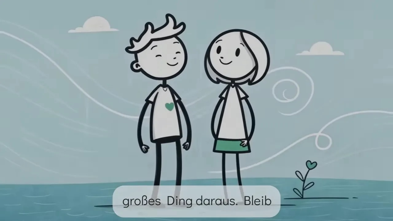 zwei personen stehen ruhig nebeneinander und laecheln sich an