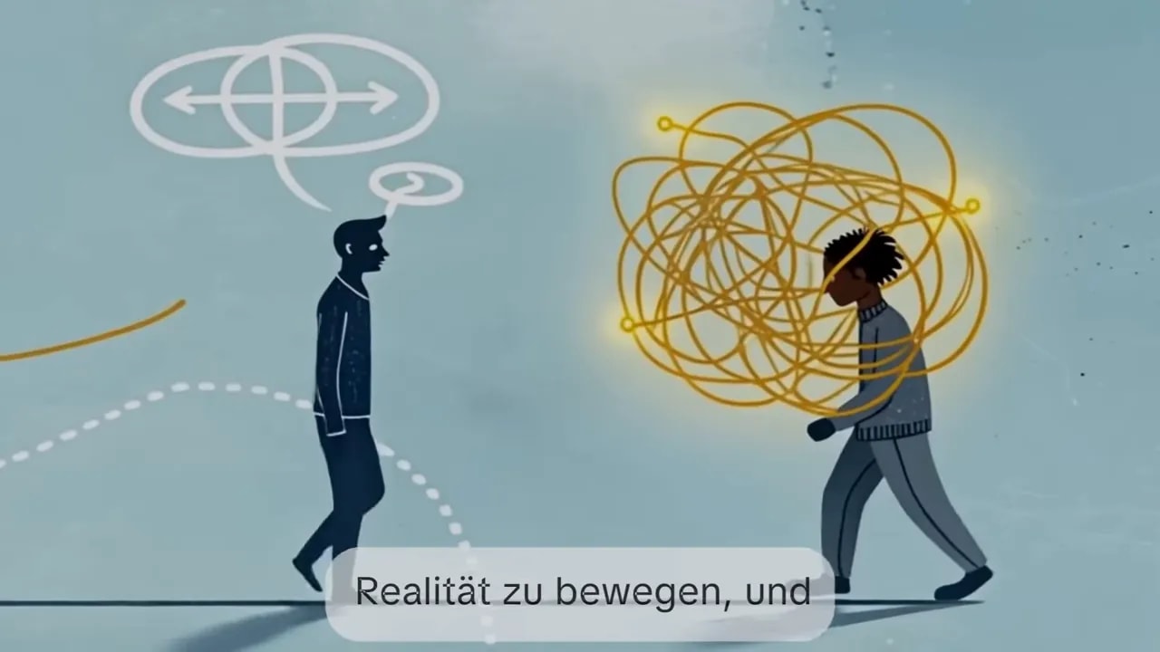 laute figur steht auf einem podest mit roten schallwellen waehrend eine ruhige figur unten zusieht