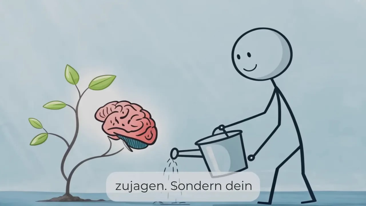 Strichfigur gießt mit einer Kanne einen Baum, an dem ein rosafarbenes Gehirn wächst