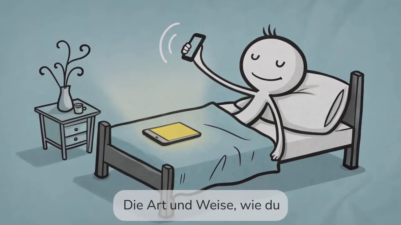 Person sitzt im Bett und hält direkt nach dem Aufwachen ein Smartphone in der Hand