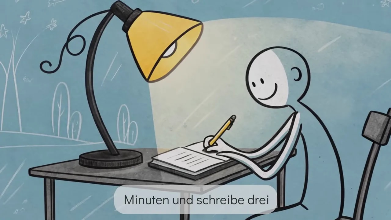Person sitzt am Schreibtisch unter einer Lampe und schreibt in ein Notizbuch
