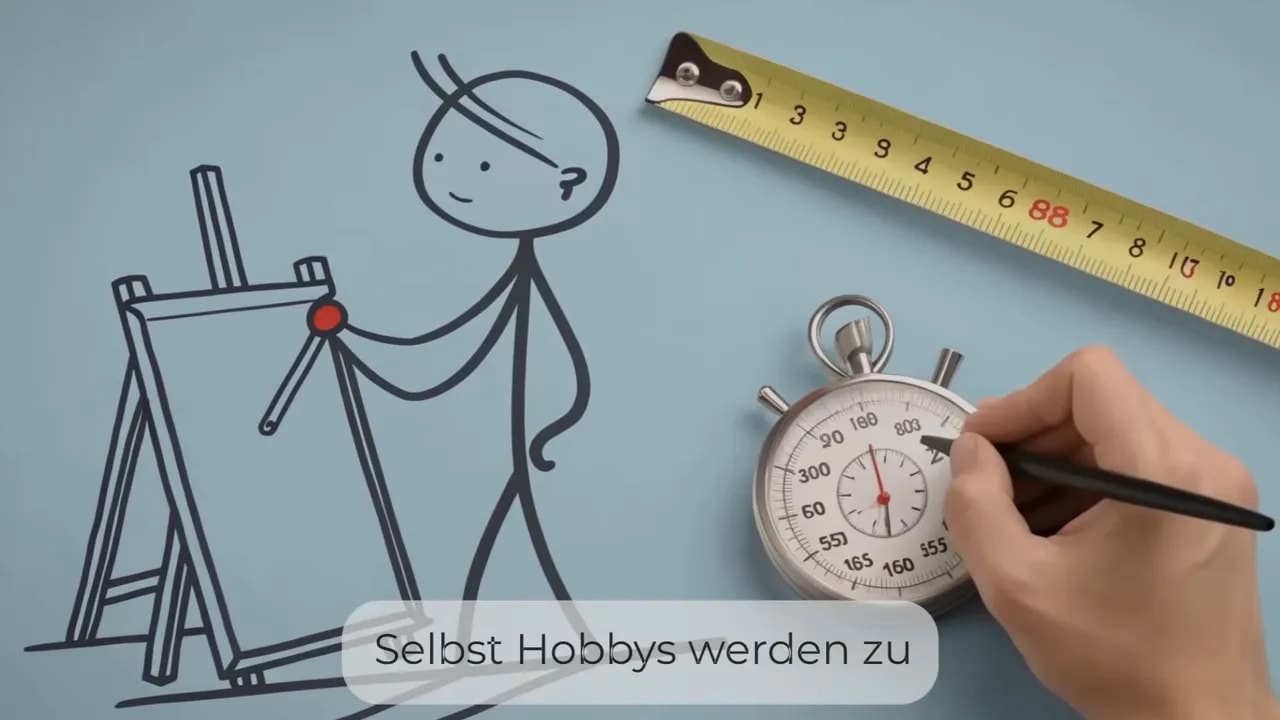 Strichfigur steht vor einer Staffelei, daneben ein Maßband und eine Stoppuhr