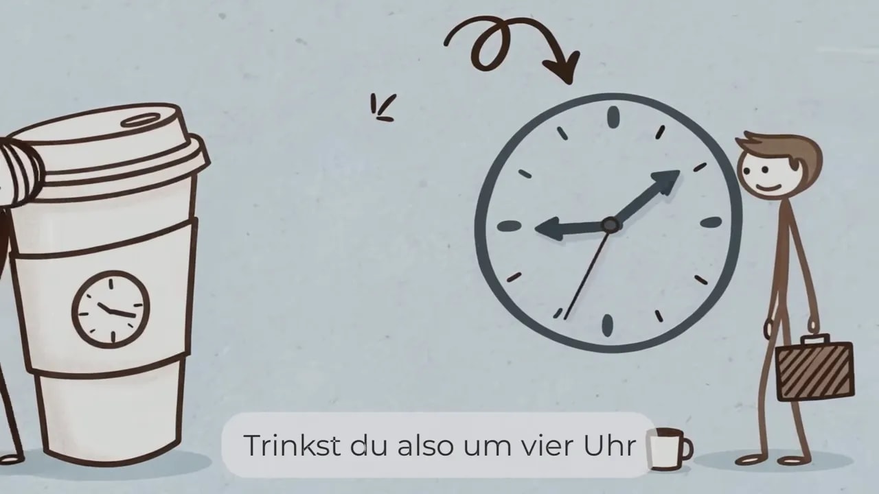 Großer Kaffeebecher links, Uhr in der Mitte und Person rechts mit kleiner Tasse