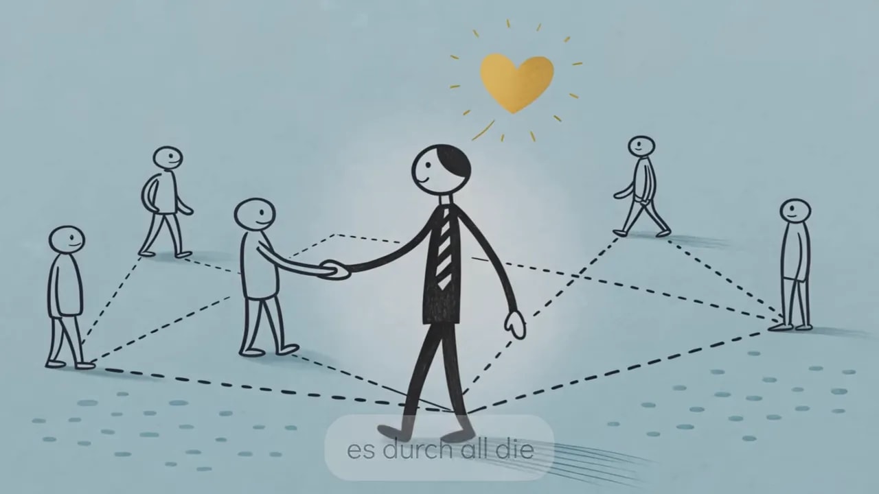 grosse figur gibt kleiner figur die hand waehrend weitere figuren ueber gestrichelte linien verteilt stehen und ein herz schwebt