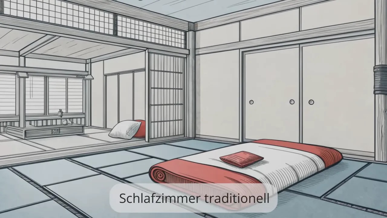 Minimalistischer japanischer Raum mit Futon auf Tatamiboden und Schiebetüren