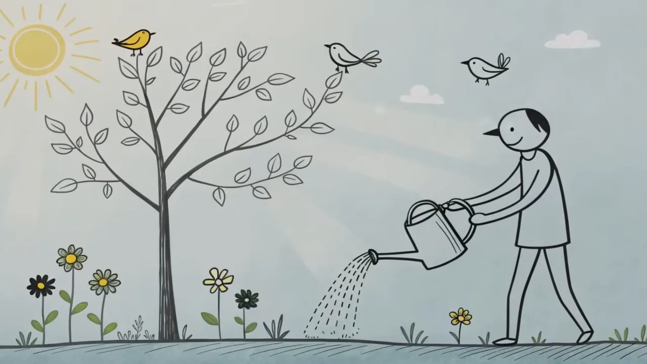 Person gießt Blumen im Garten bei Sonnenschein, Vögel sitzen und fliegen um einen Baum