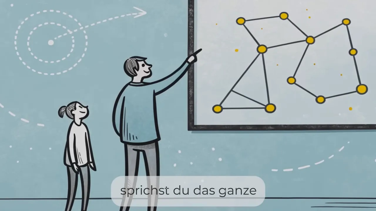 Zwei Figuren stehen vor einer Tafel mit einem verbundenen Punktmuster wie ein Netzwerk