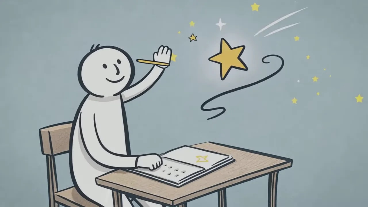 Person sitzt am Schreibtisch und schreibt in ein Heft, darüber schweben ein großer Stern und kleine Lichtpunkte