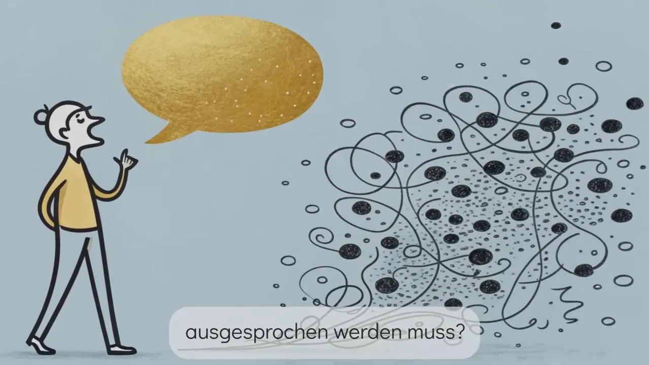 figur mit grosser goldener sprechblase vor einem dichten wirren gedankennetz