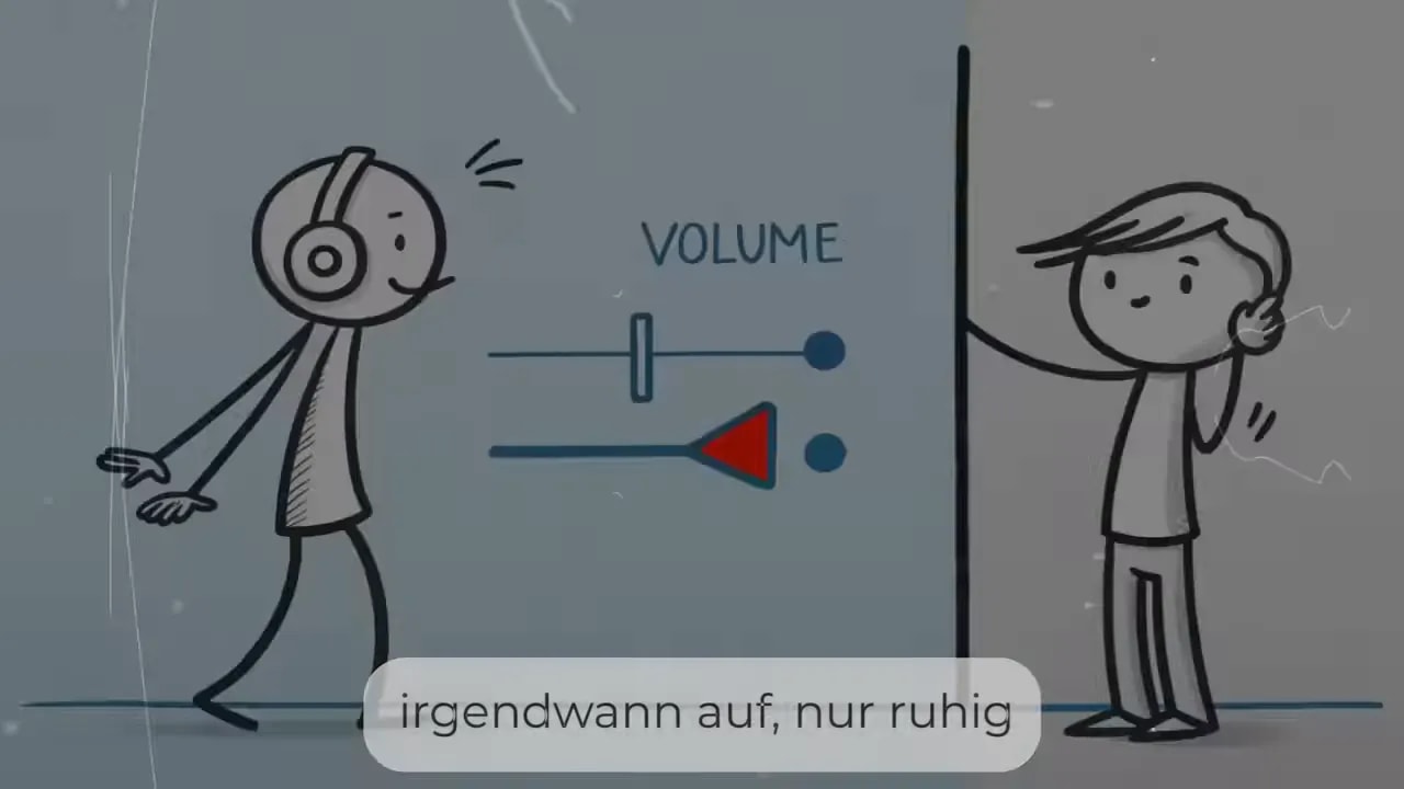 figur neben einem volumenregler und zweite figur hinter einer wand