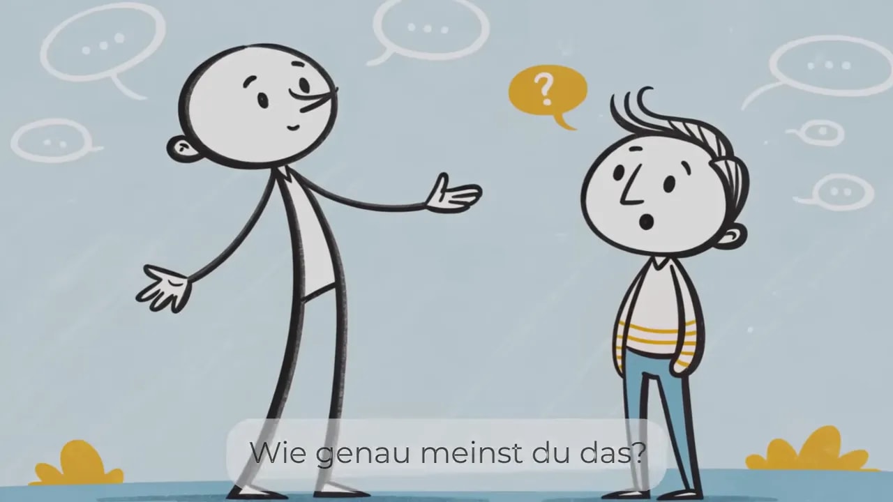 Eine Figur stellt eine Frage, über der anderen Figur schwebt ein gelbes Fragezeichen