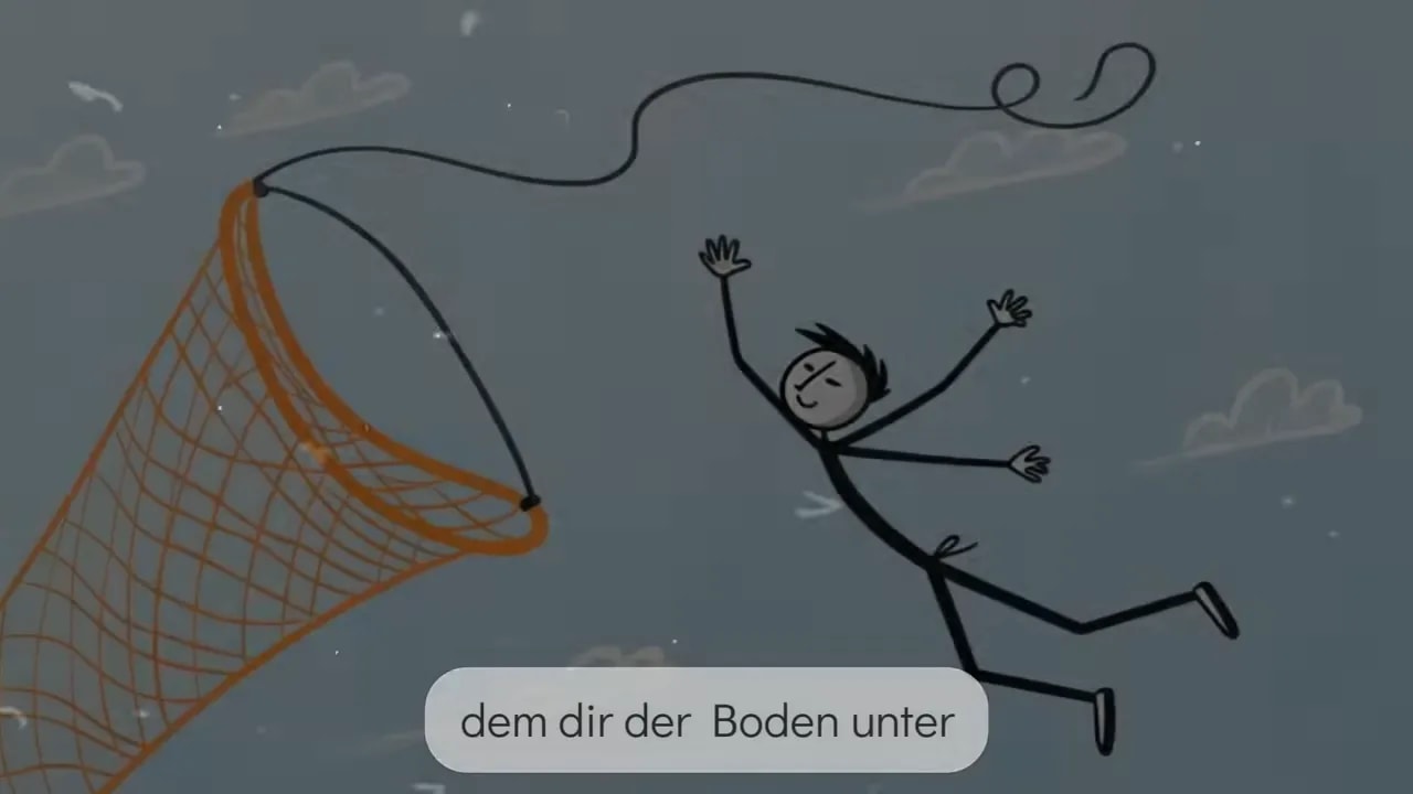 Strichfigur fällt in ein großes orangefarbenes Netz