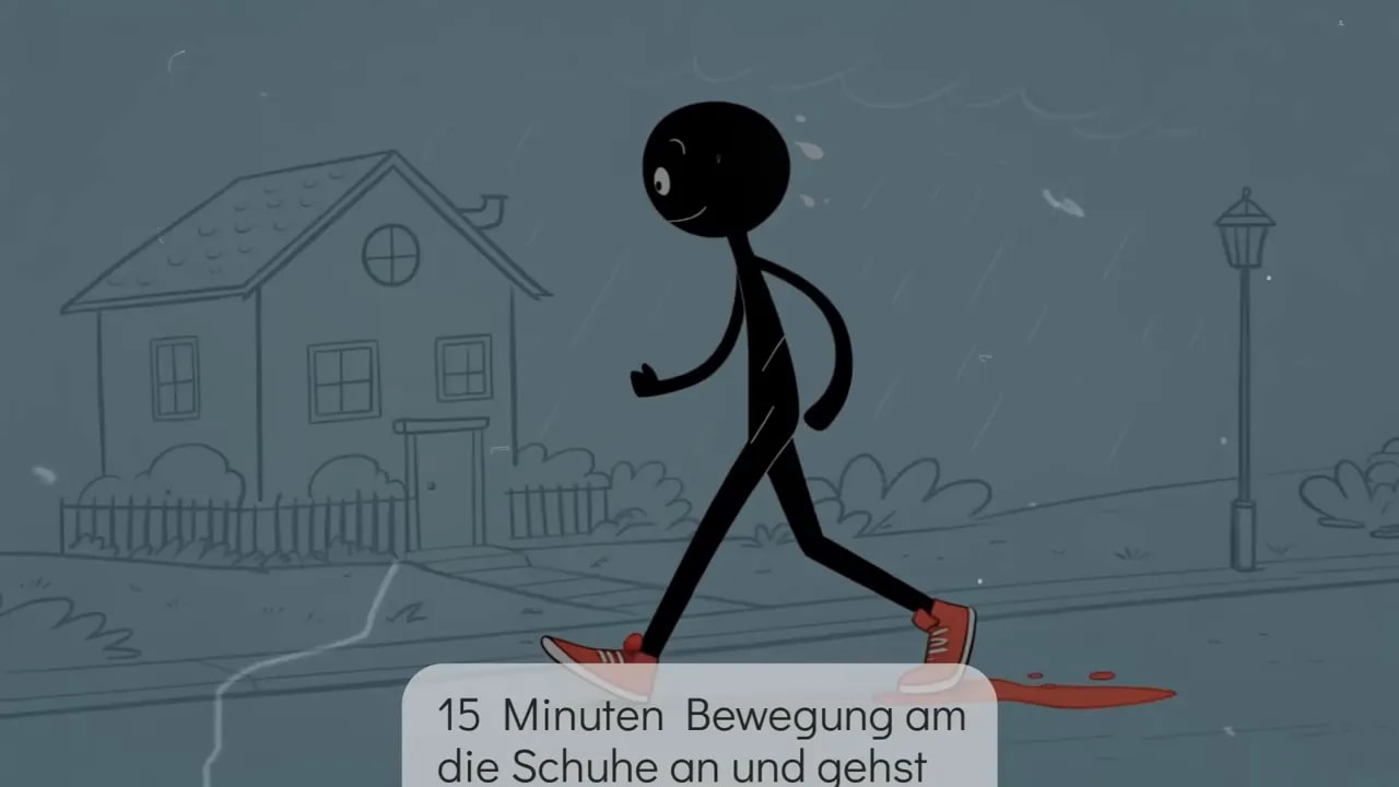 Dunkle Strichfigur geht mit roten Schuhen an Häusern vorbei