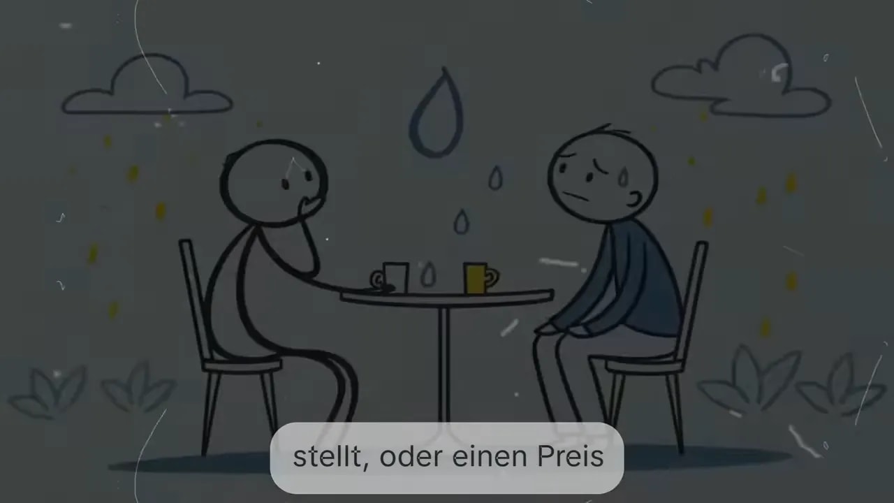 zwei personen sitzen an einem tisch und schweigen waehrend grosse tropfen zwischen ihnen fallen