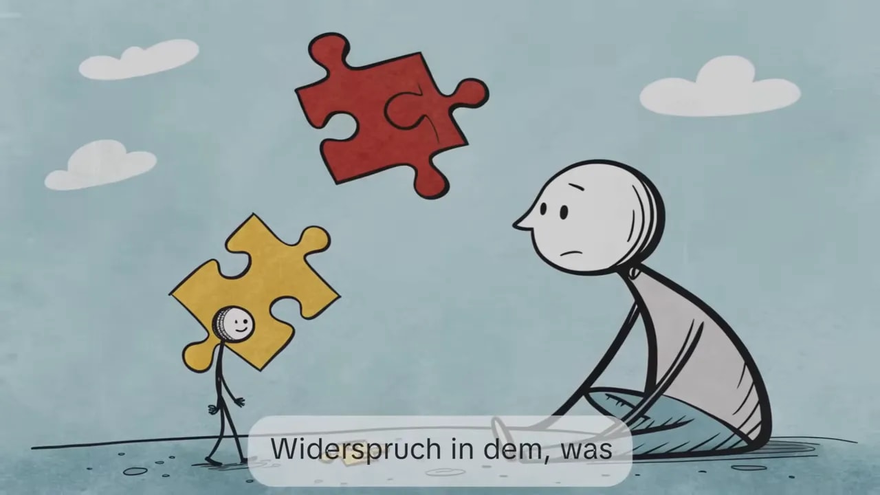 große sitzende figur beobachtet kleine figur mit gelbem puzzleteil und rote puzzleteile darüber