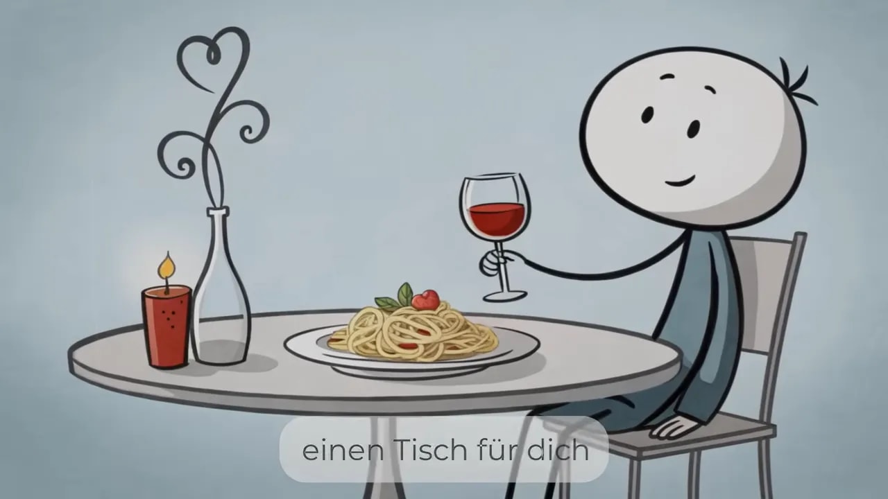 gezeichnete Figur sitzt allein an einem Tisch mit Pasta, Kerze und Weinglas